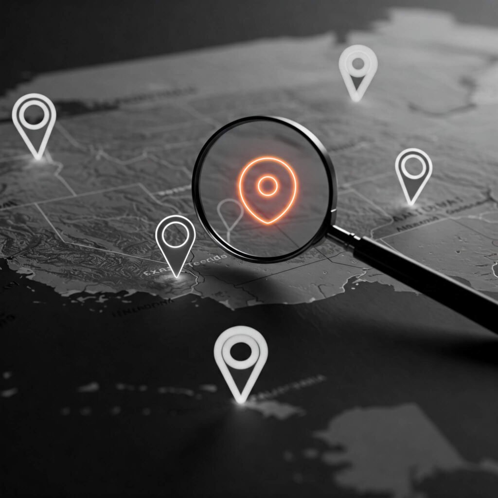 Magnifying glass over a map highlighting a neighborhood, with a smartphone displaying local home services SEO results on a wooden desk – visualizes targeted lead generation strategies