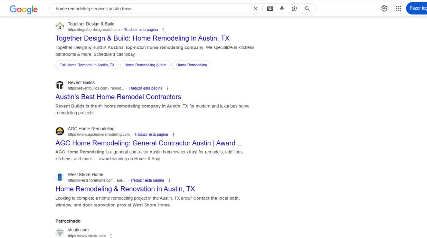 2025 Home Remodeling SEO Blueprint: Rank Higher Locally 3 Google search results showing local business pages for home remodeling in Austin, Texas